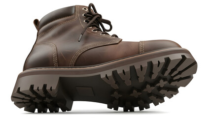 Close up side view of a rugged brown leather work boot with a thick lug sole and detailed stitching on a white background