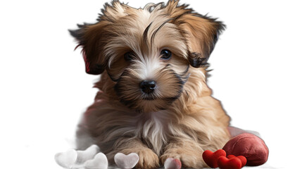 Adorable Fluffy Puppy with Heart Decorations for Valentine's Day A small light brown dark eye