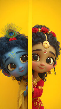 Adorable cartoon depiction of Lord Krishna and Radha peeking from behind a vibrant yellow partition, with big eyes and traditional attire.