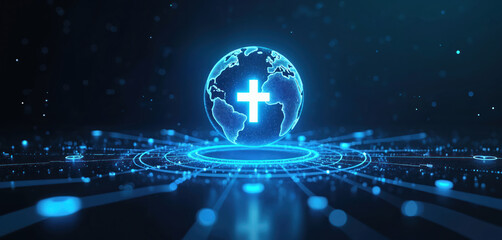Glowing digital globe displays white cross on dark futuristic grid background. Represents global health initiatives, medical tech, and scientific innovation worldwide.