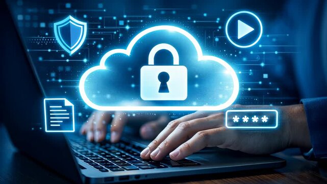 Data foundation quality. cloud based file storage, security protection, ai backup solutions business, cloud icon with padlock and lock over laptop keyboard representing encrypted backup