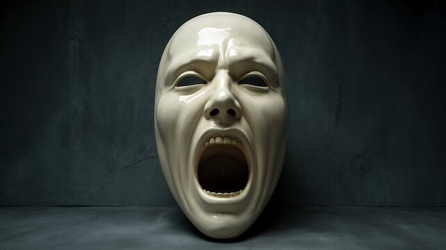 Sculptural Art Depicting a Pale Face with Intense Screaming Expression in Porcelain Illustration