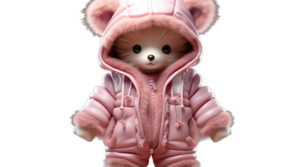Adorable Fluffy Teddy Bear Wearing a Cozy Pink Winter Puffer Suit
