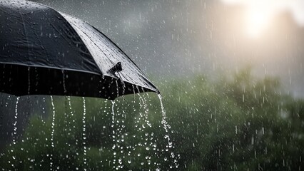 Capturing the serene beauty of a rainy day with a protective umbrella and glistening droplets in