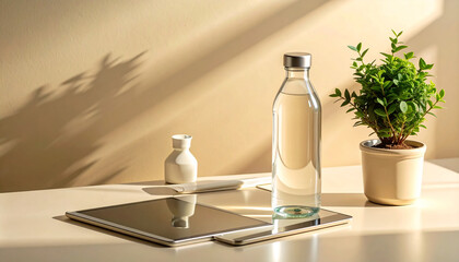 Minimalist Desk Scene With Water Bottle, Tablet, and Plant Under Warm Sunlight.