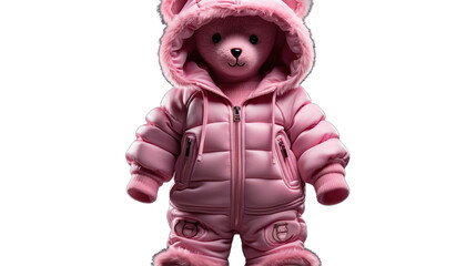 Adorable Pink Teddy Bear Dressed in a Cozy, Stylish Puffer Suit