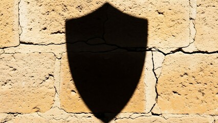 Shadow of a Shield-shaped Object Cast on a Cracked Brick Wall in Bright Sunlight