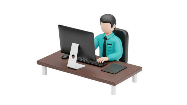 3D Cartoon Businessman Working at Desk with Computer on transparent background - Powered by Adobe