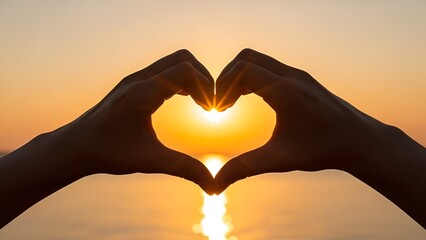 Hands forming heart shape against golden sunset symbolizing love and connection between people and
