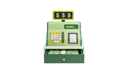 3D Cash Register with Money Drawer on transparent background