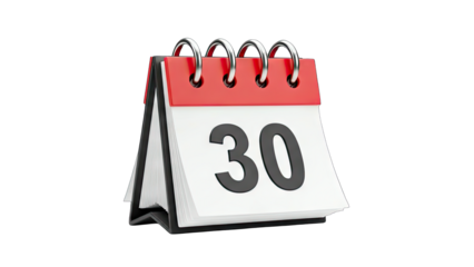 3D Flip Calendar Showing the 30th Day on transparent background