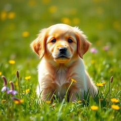 Golden retriever puppy sits in a sunlit meadow, ears perked, a picture of pure joy and innocence,  nature,  innocence