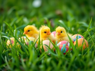 Golden yellow chicks and decorated eggs peeking out from a bed of fresh green grass, outdoor scene,  outdoor,  lawn