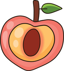 A cartoon peach that has been cut in half.