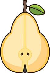 A yellow cartoon pear with a leaf still attached, cut in half.