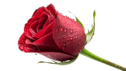 A beautiful macro shot of a single red rose blossom with delicate water drops on its petals, symbolizing love and romance as a floral gift isolated against a natural green background