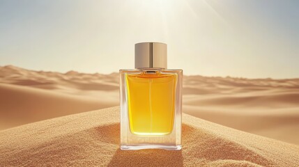 Elegant perfume bottle with bright yellow liquid in desert setting