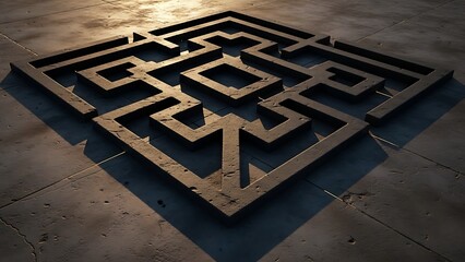 Intricate Black Maze on Concrete Floor in Warm Lighting