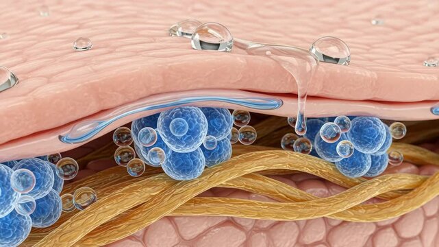 Close Up Of Skin Cross Section With Water Droplets And Blue Cells On Yellow Fibers Scientific Medical Illustration