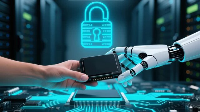 Data foundation quality. cloud based file storage, security protection, ai backup solutions business, secure data exchange between human and robot hand over circuit board with glowing lock icon