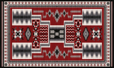 Navajo storm pattern rug style vector.Sacred mountain symbolism with central rectangular motif connecting four corners.Representing weather,lightning.Carpet southwestern tribal geometric illustration.