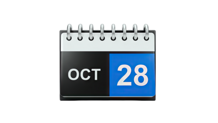 3D Calendar Page OCT 28 on transparent background