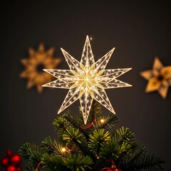 Sparkling star topper placed atop a decorated Christmas tree, a symbol of hope and guiding light during the holidays,  adornment,  xmas