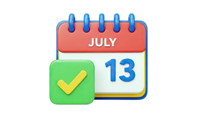 3D Calendar Icon with July 13th and Checkmark on transparent background