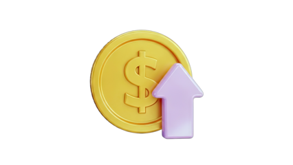 3D Gold Dollar Coin With Upward Arrow on transparent background