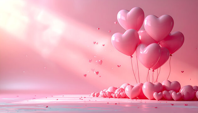 Pink heart balloons grouped on a pastel pink studio surface with soft lighting. Romantic background with large copy space for Valentine's Day and creative designs.