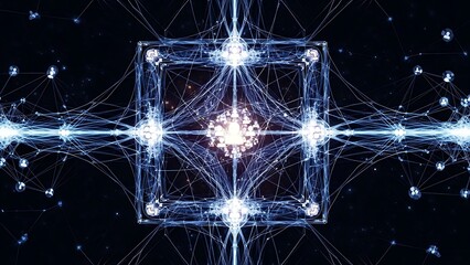 Futuristic Digital Network Illustration with Glowing Lines and Geometric Shapes in Dark Background