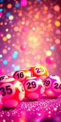 Glowing bingo lotto game balls with lucky numbers on a sparkling background, perfect for TV shows, keno, raffle, lottery tickets, gambling, and win chance games, gambling, win