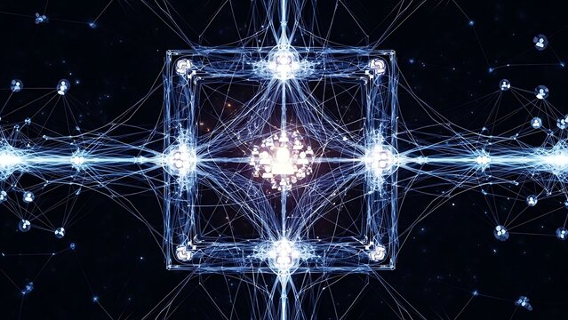 Futuristic Digital Network Illustration with Glowing Lines and Geometric Shapes in Dark Background - Powered by Adobe