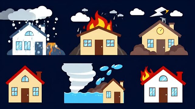 Nine Cartoon Houses Depicting Different Calamities: Fire Snow Floods Tornadoes and Storms Against a Dark Night Sky