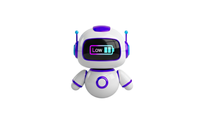3D Cute robot with low battery indicator on screen on transparent background