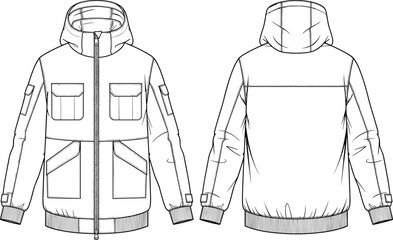 Technical hooded jacket flat vector CAD drawing, front back view winter outerwear fashion design illustration template apparel construction details outline