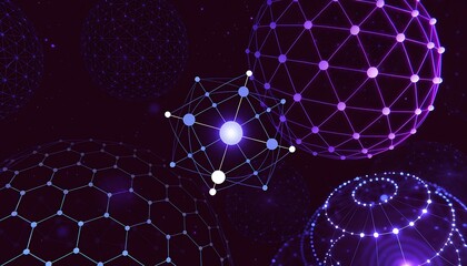 Futuristic atomic network structures glowing in deep space with interconnected molecular nodes and digital pathways