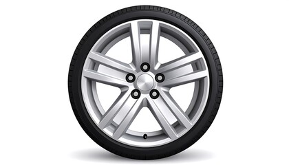Fototapeta premium A close-up, centered, white-background shot of a car tire and its wheel assembly. The tire is black rubber, the wheel silver