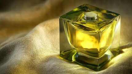 Glass cube perfume bottle with golden liquid on fabric