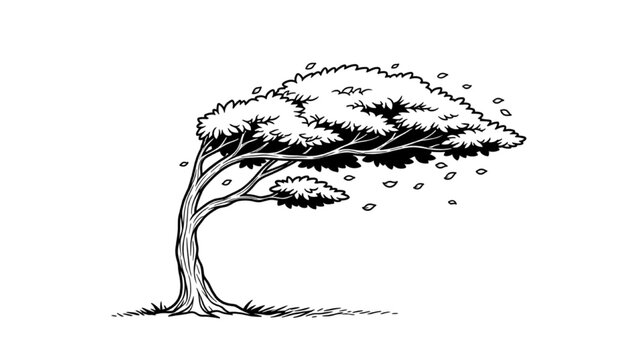 High-Quality Black Outline Art of Tree Bending in the Wind