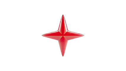 3D Shiny Red Star Emblem with Four Points on transparent background