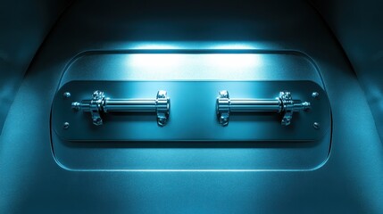 Heavy duty metal access panel secured with visible hardware in blue lighting