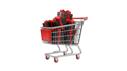 3D Shopping cart full of black gift boxes with red ribbons on transparent background