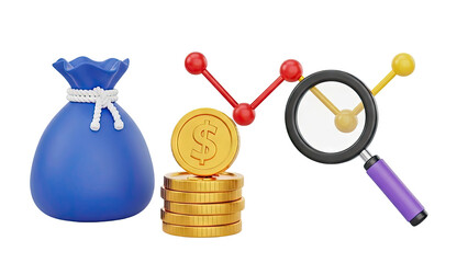 3D Money bag with coins, chart and magnifying glass icon on transparent background