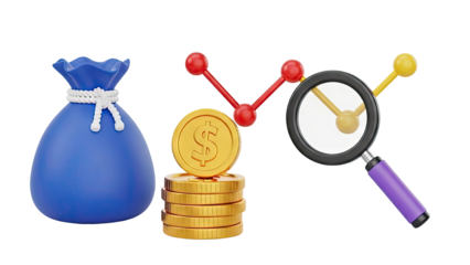 3D Money bag with coins, chart and magnifying glass icon on transparent background