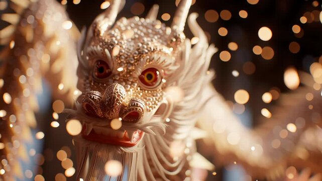A majestic dragon with a golden head and a long tail is soaring through the sky . Dragon dance close-up with soft glowing particles, refined celebration atmosphere, uncluttered design