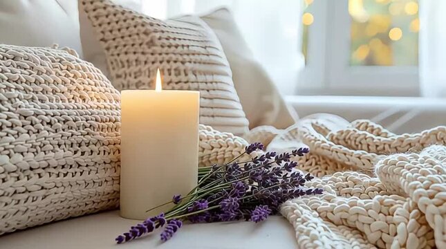 Cozy home interior with a lit pillar candle, purple lavender bouquet, and soft chunky knit pillows and blankets on a bed.