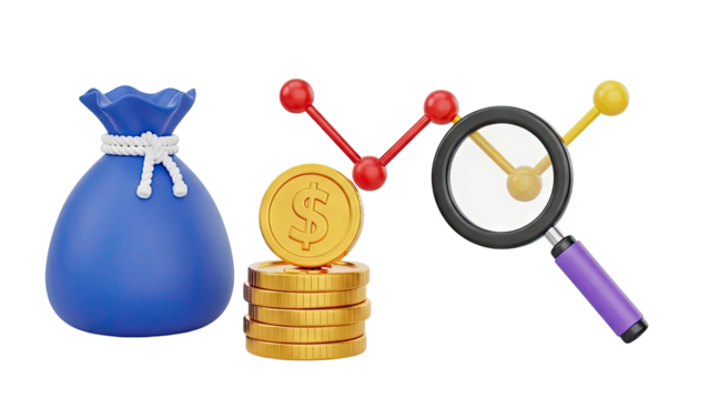 3D Money bag with coins, chart and magnifying glass icon on transparent background - Powered by Adobe