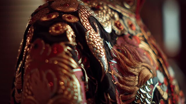 A close up of a black jacket with gold and red embroidery. The jacket has a dragon on the front. Dragon dance costume detail, handcrafted fabric and embroidery, warm cinematic tone