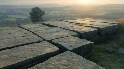 Jagged edges of fractured stone creating a harsh uneven surface on a hilltop with a distant misty landscape at sunrise